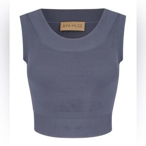 Aya Muse Slate Blue Sleeveless Crop Top and skirt set.